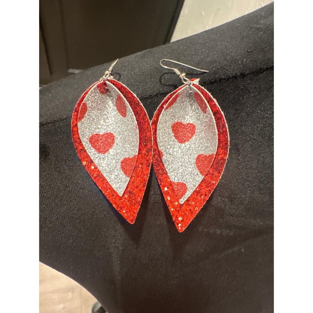 Red Heart Glitter Faux Leather Layered Leaf Dangle Earrings Valentines Day